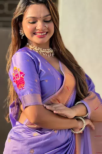 Lavender woven self design pure silk paithani saree with blouse