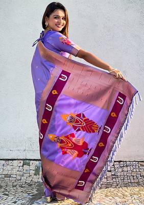 Lavender woven self design pure silk paithani saree with blouse 5