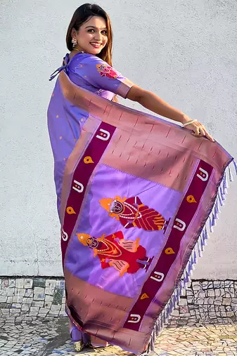 Lavender woven self design pure silk paithani saree with blouse