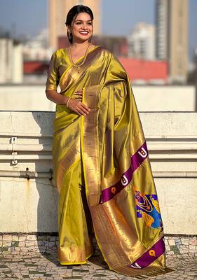 Mehendi woven self design pure silk paithani saree with blouse 1