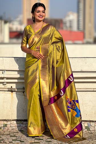 Mehendi woven self design pure silk paithani saree with blouse