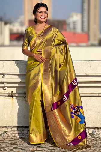 Mehendi woven self design pure silk paithani saree with blouse