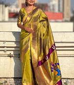 Mehendi woven self design pure silk paithani saree with blouse