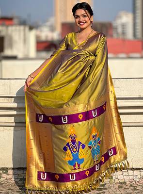 Mehendi woven self design pure silk paithani saree with blouse 2
