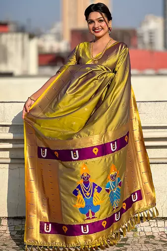 Mehendi woven self design pure silk paithani saree with blouse