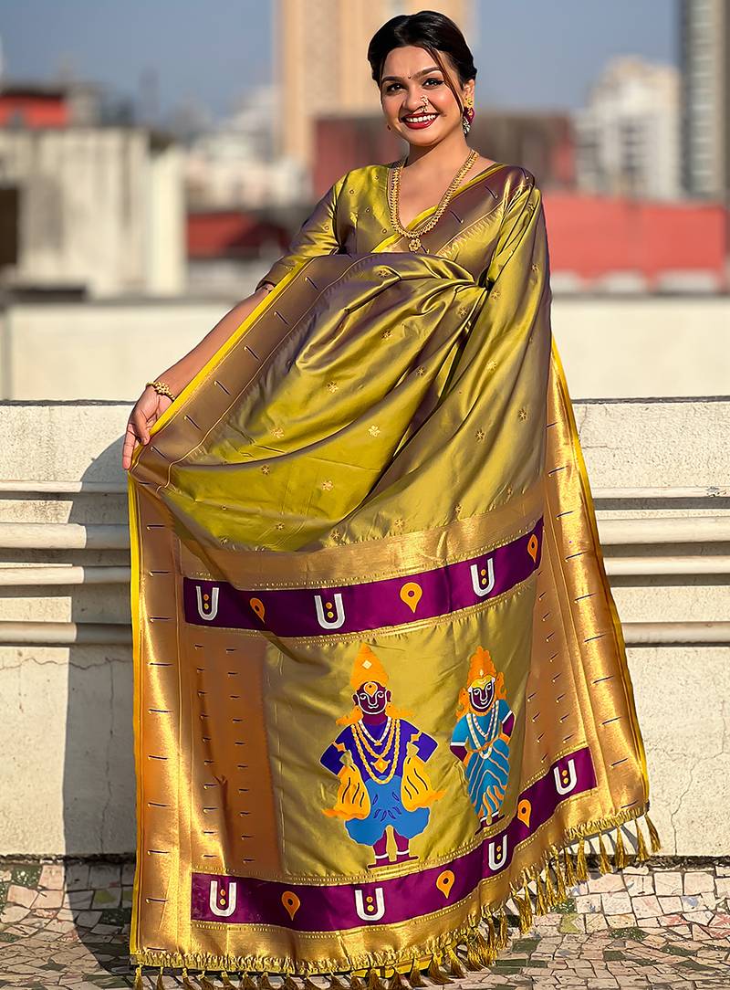 Mehendi woven self design pure silk paithani saree with blouse