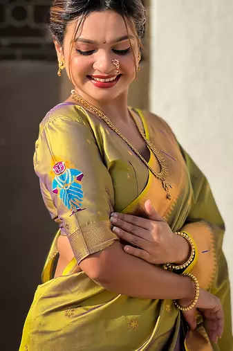 Mehendi woven self design pure silk paithani saree with blouse