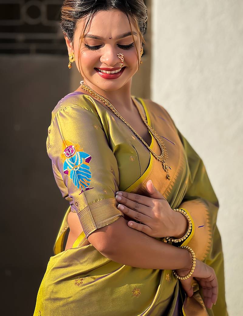 Mehendi woven self design pure silk paithani saree with blouse