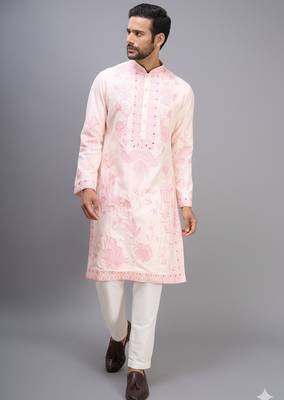 men’s cream silk kurta set with pink floral embroidery 3