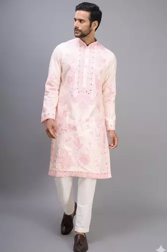 men’s cream silk kurta set with pink floral embroidery