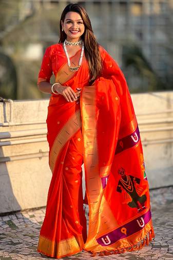 Orange woven self design pure silk paithani saree with blouse