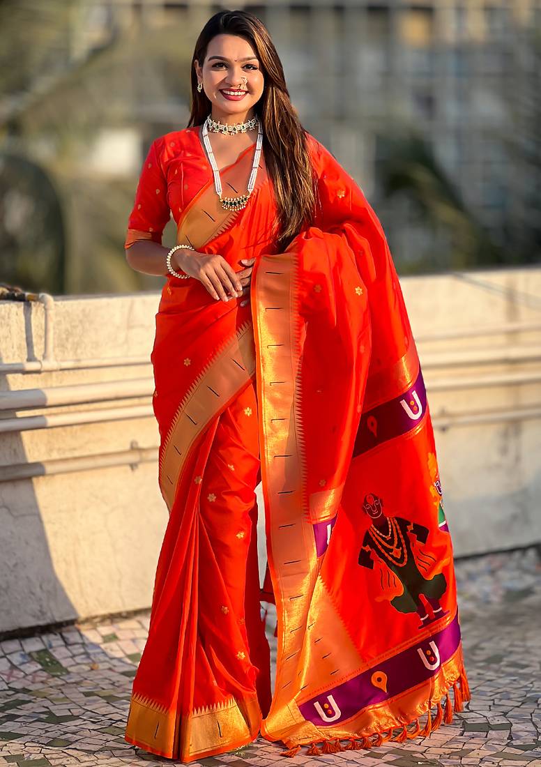Orange woven self design pure silk paithani saree with blouse