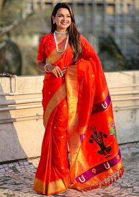 Orange woven self design pure silk paithani saree with blouse 2