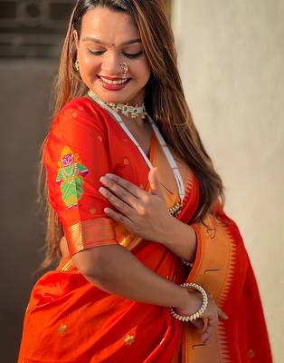 Orange woven self design pure silk paithani saree with blouse 3