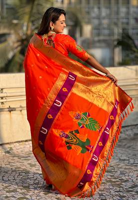 Orange woven self design pure silk paithani saree with blouse 5