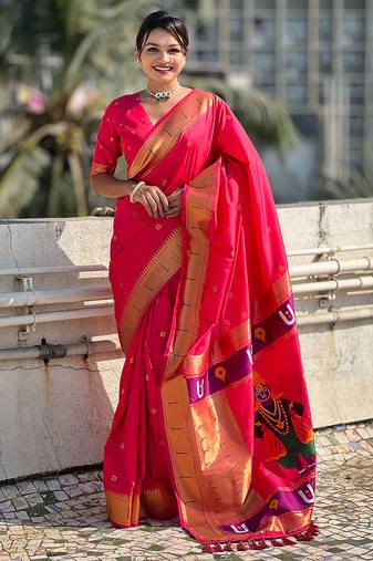Pink woven self design pure silk paithani saree with blouse