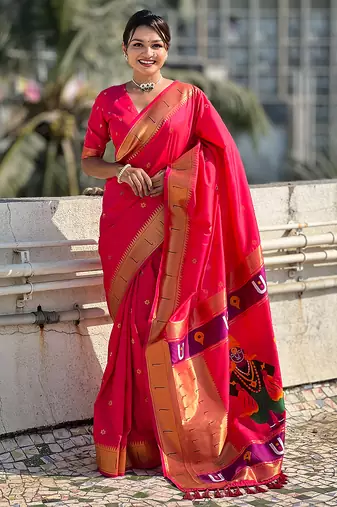 Pink woven self design pure silk paithani saree with blouse