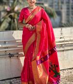 Pink woven self design pure silk paithani saree with blouse