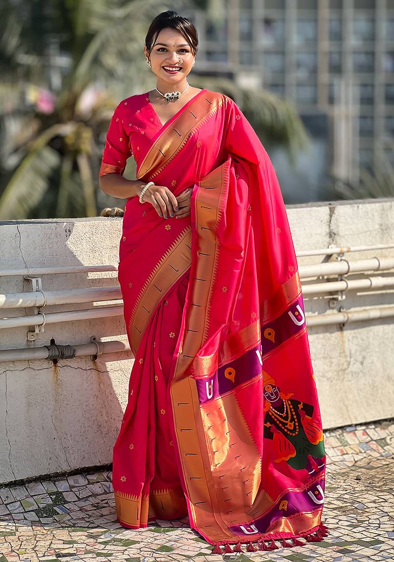 Pink woven self design pure silk paithani saree with blouse