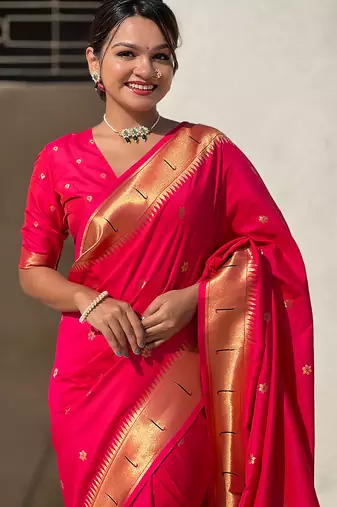 Pink woven self design pure silk paithani saree with blouse