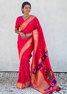 Pink woven self design pure silk paithani saree with blouse 3