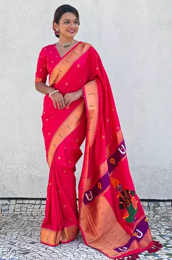 Pink woven self design pure silk paithani saree with blouse