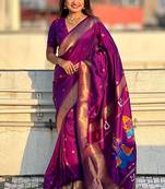 Purple woven self design pure silk paithani saree with blouse