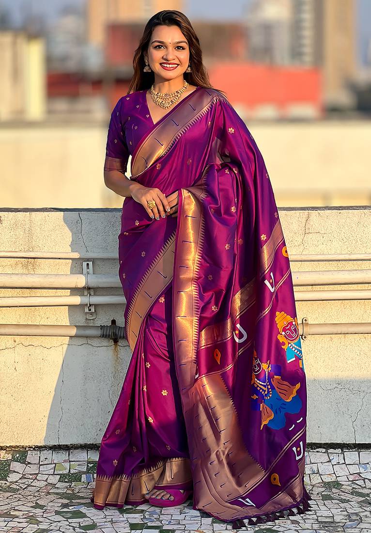 Purple woven self design pure silk paithani saree with blouse