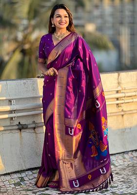 Purple woven self design pure silk paithani saree with blouse 2