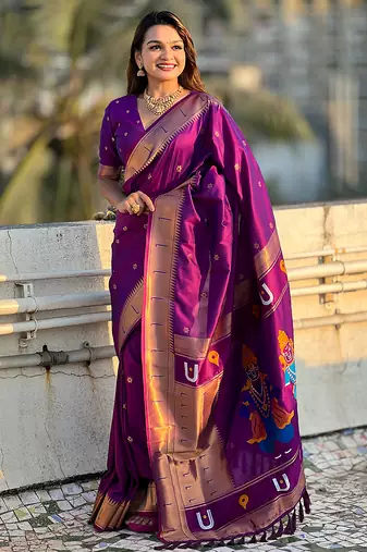 Purple woven self design pure silk paithani saree with blouse