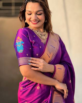 Purple woven self design pure silk paithani saree with blouse 3