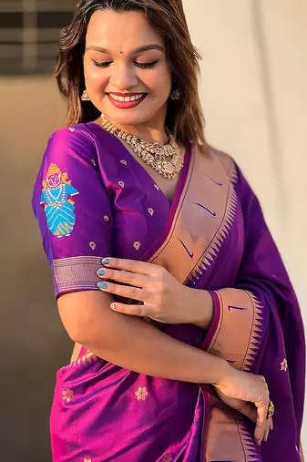 Purple woven self design pure silk paithani saree with blouse