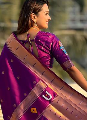 Purple woven self design pure silk paithani saree with blouse 4