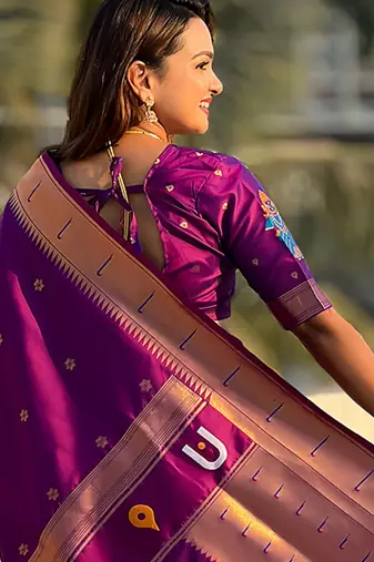 Purple woven self design pure silk paithani saree with blouse