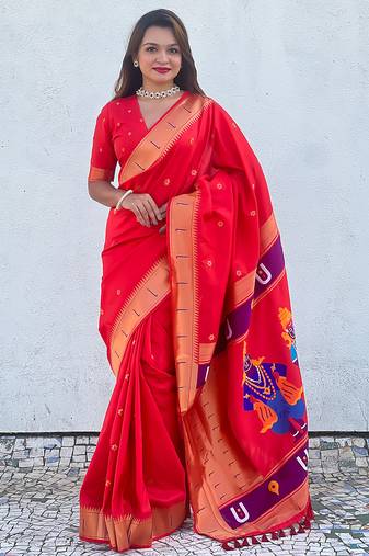 Red woven self design pure silk paithani saree with blouse
