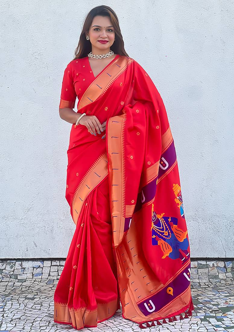 Red woven self design pure silk paithani saree with blouse