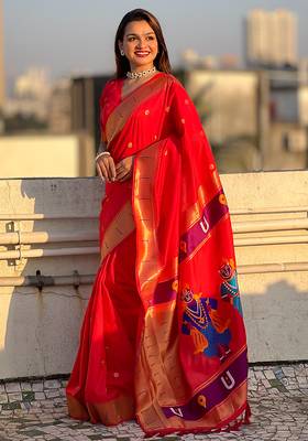 Red woven self design pure silk paithani saree with blouse 2