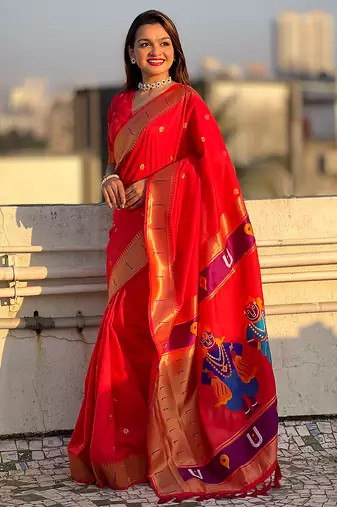 Red woven self design pure silk paithani saree with blouse