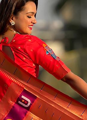 Red woven self design pure silk paithani saree with blouse 4