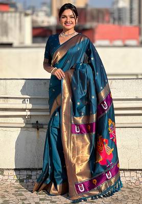 Teal blue woven self design pure silk paithani saree with blouse 1