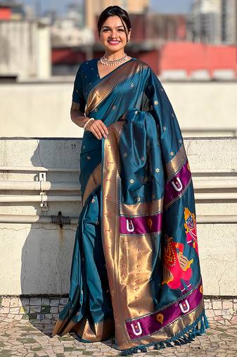 Teal blue woven self design pure silk paithani saree with blouse