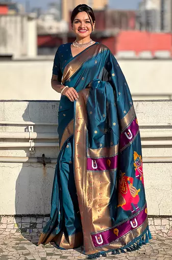 Teal blue woven self design pure silk paithani saree with blouse
