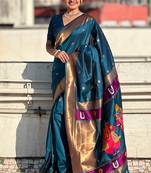 Teal blue woven self design pure silk paithani saree with blouse