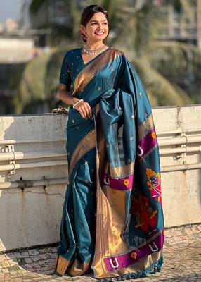 Teal blue woven self design pure silk paithani saree with blouse 2