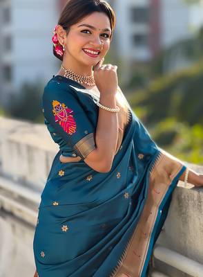 Teal blue woven self design pure silk paithani saree with blouse 3