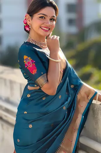 Teal blue woven self design pure silk paithani saree with blouse
