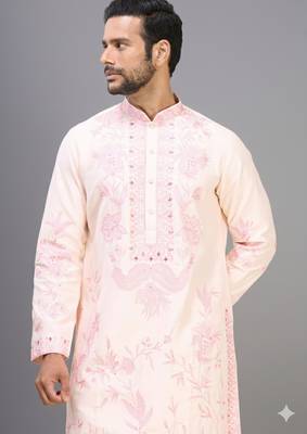 men’s cream silk kurta set with pink floral embroidery 4