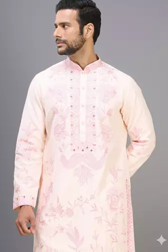 men’s cream silk kurta set with pink floral embroidery