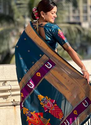 Teal blue woven self design pure silk paithani saree with blouse 4