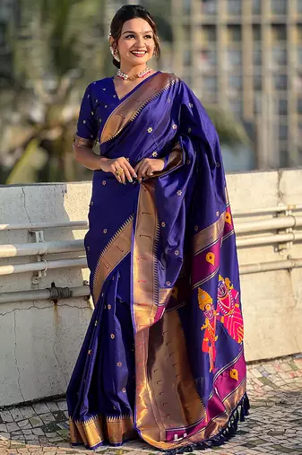 Violet woven self design pure silk paithani saree with blouse